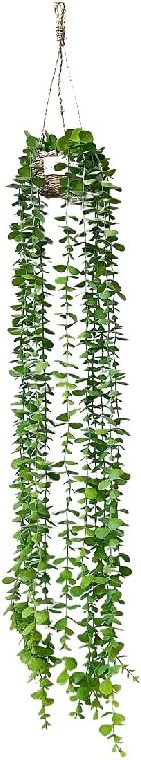 Artificial Plastic Plant Vine Small Hanging Basket Ornament for Indoor Walls, Shelves, Cabinets, Kitchens, Studies, Desks, Living Rooms 3.5-Inch Basket (Round Leaf B)