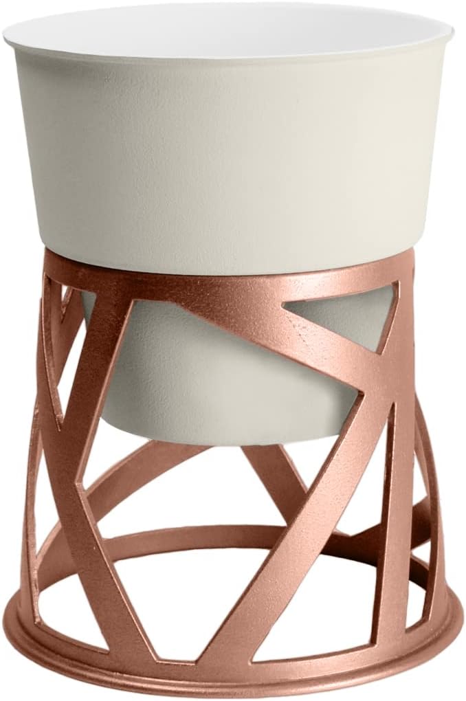 The HC Companies 6 inch Indoor Plant Pot with Stand – Small Curio Planter in Cottage Stone with a Geometric Stand in a Copper Finish