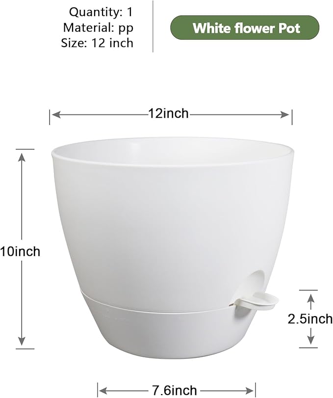 WSMKSZ 12 inch Large Self Watering Pots, Flower Plant Pots with Multi Mesh Drainage Holes for Indoor Outdoor Garden Plants and Flowers, Plastic Planters with Removable Reservoir, White