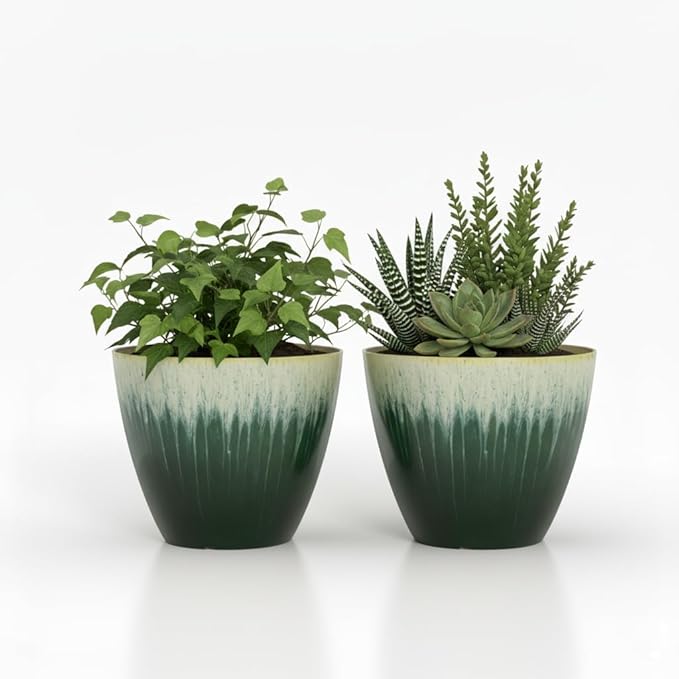 Pack of 2 Flower Pots, Plastic Plant Pots with Drainage Holes, 8 inch Modern Glossy Finishing Planter for Indoor Outdoor Plants (Green Glaze, 2 Pack)