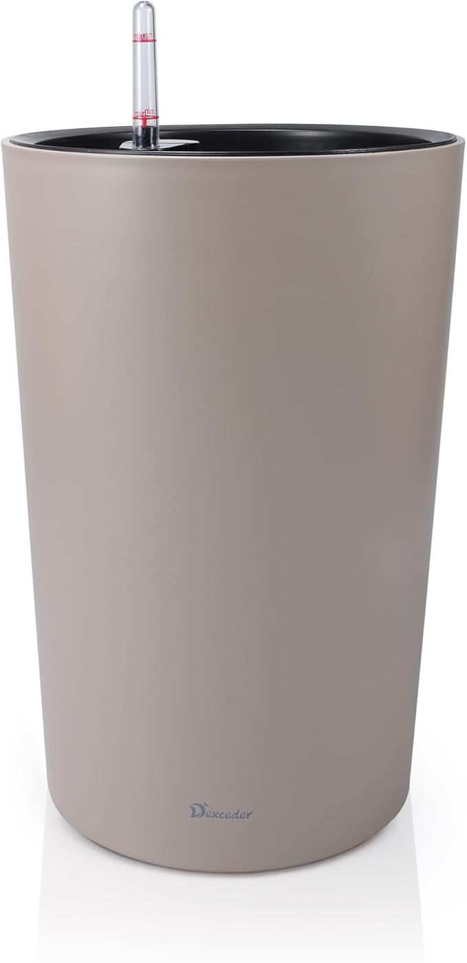 Dexceder 16x12 Tall Self Watering Planter High Cylinder Indoor Outdoor, Thickened Large Floor Standing Flower Plant Pot with Water Level Indicator (Taupe Matte)