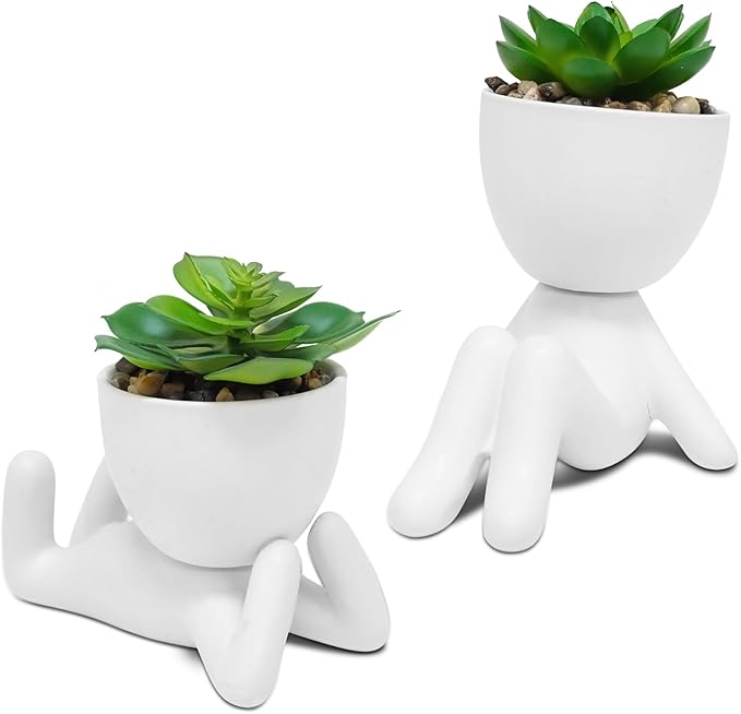 Zerzsy Set of 2 Small Fake Plants with Human-Shaped Pots, Fake Succulents Plant Artificial Office Desk Accessories Decorations Funny Room Decor Mini Plant Bathroom Decorations (Ceramic White)