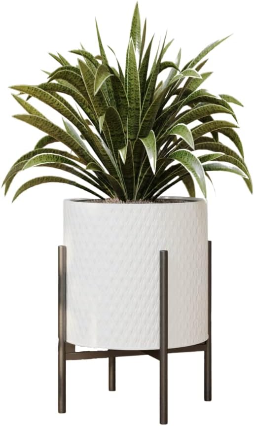 EverNest Claire Mid-Century Modern White Planter and Stand, Indoor Plant Pot, SelectBase, Minimalist Aesthetic, Home Decor for Plants - (Black Base, Large)