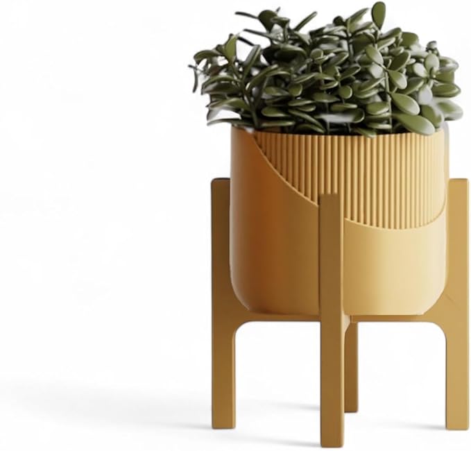 Modern Geometric Planter with Stand – Decorative Indoor Plant Pot with Ridged Top & Smooth Bottom, Stylish Planter for Succulents, Herbs, Small Plants (Gold - Smooth Body with Ridges and Stand)