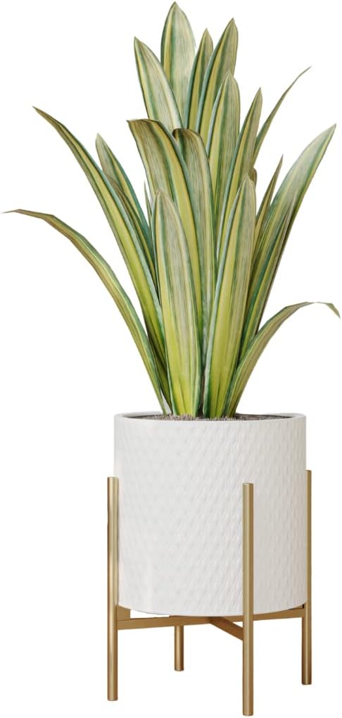 EverNest Claire Mid-Century Modern White Planter and Stand, Indoor Plant Pot, SelectBase, Minimalist Aesthetic, Home Decor for Plants - (Gold Base, Small)