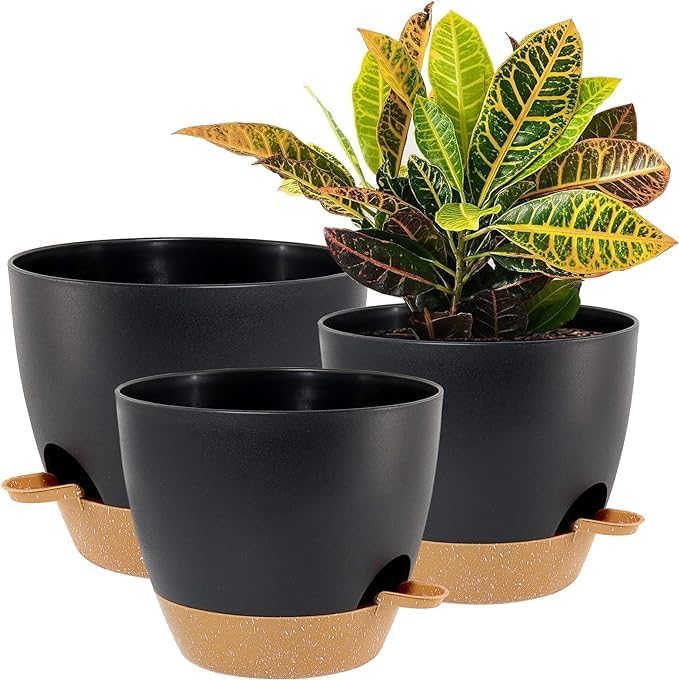 UOUZ 10/9/8 inch Self Watering Pots, Set of 3 Plastic Planters with Mesh Drainage Holes and Deep Reservoir for Indoor Outdoor Garden Plants and Flowers, Black with Brown