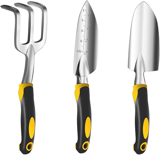 iPower Garden Tool Set, 3 Piece Aluminum Heavy Duty Gardening Tools Include Hand Trowel, Transplant Trowel and Hand Rake, Rubberized Non-Slip Handle, Garden Gifts for Women and Men