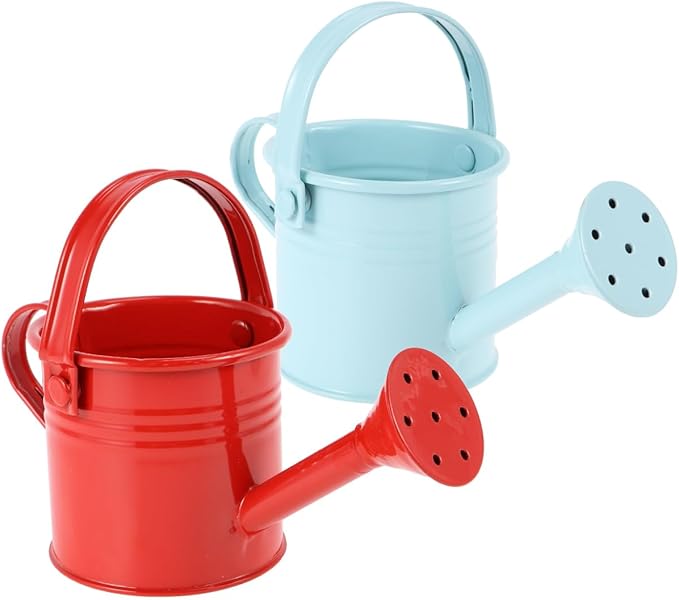 Watering Can Small Watering Can, Metal for Outdoor Plants, Iron Mini for Garden Yarde Home Plants Flower (Red and Light Blue, 2PCS)