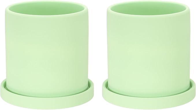 PATIKIL 4.3 Inch Ceramic Plant Pots, 2 Pack Modern Flower Planters with Drainage Holes and Tray for Decorate Home Indoor Plants Succulent Herb, Green