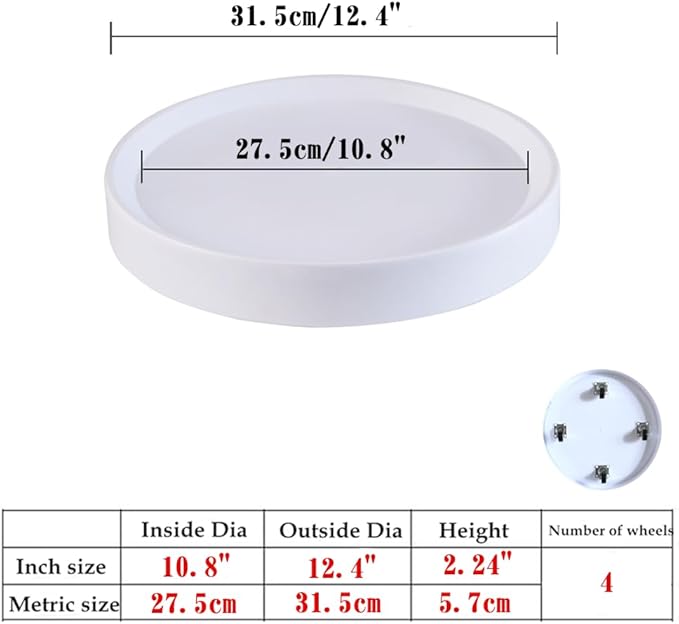 12.4inch Plant Caddy with Hidden Wheels 2Pack White Round Rolling Plant Stands ,Mobile Tray Trolley for Large Flower Pots, Air Purifiers & Ceramic Sculptures (12.4inch)