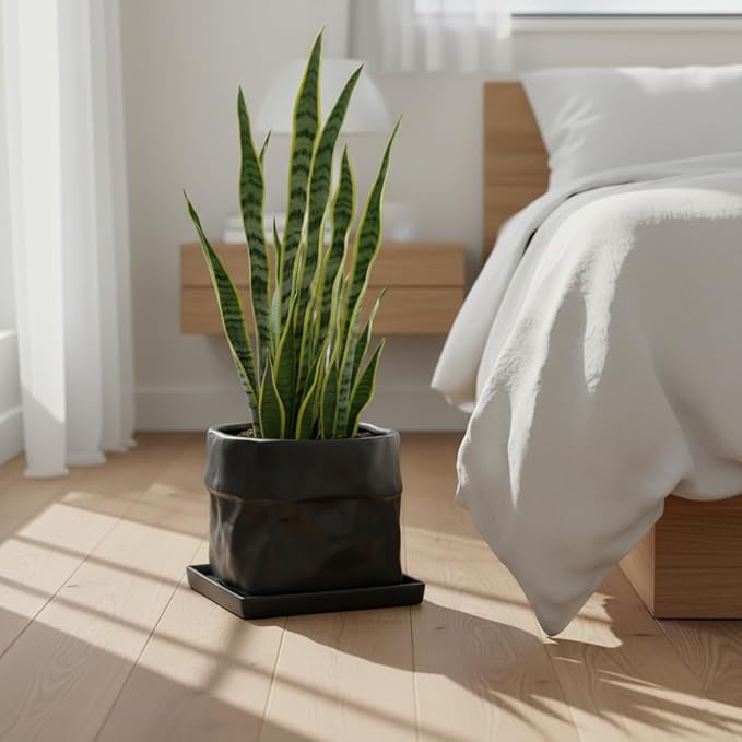 Nihow Ceramic Plant Pot: 8 Inch Planter with Drainage Hole & Square Saucer for Herbs/Plants, Bag Shape Design Flower Pot for Indoor & Outdoor Garden Decor - Black