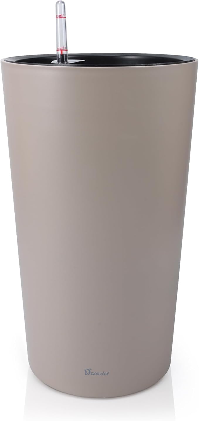 Dexceder 22x13 Tall Self Watering Planter High Cylinder Indoor Outdoor, Thickened Large Floor Standing Flower Plant Pot with Water Level Indicator (Taupe Matte)