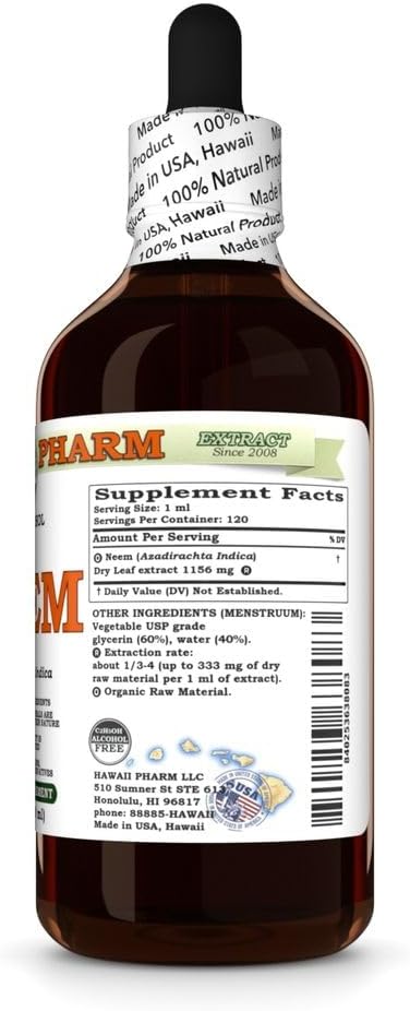 Hawaii Pharm Neem Alcohol-Free Liquid Extract, Professional Grade, Small Batch Crafted Neem (Azadirachta Indica) Dried Leaf Glycerite Natural Herbal Supplement, 4x4 fl.oz