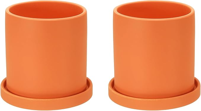PATIKIL 4.3 Inch Ceramic Plant Pots, 2 Pack Modern Flower Planters with Drainage Holes and Tray for Decorate Home Indoor Plants Succulent Herb, Orange