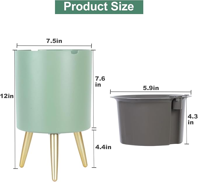 Oliz 7.8 Inch Planter Pot with Metal Craft Legs, Self Watering Planter Pots with Water Shortage Alarm Planter Pot for Indoor Outdoor Modern Planter for Home & Garden (Green)