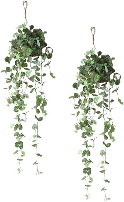 Artificial Plastic Plant Vine Small Hanging Basket Ornament for Indoor Walls, Shelves, Cabinets, Kitchens, Studies, Desks, Living Rooms 3.5-Inch Basket (2pcs Leaf b)