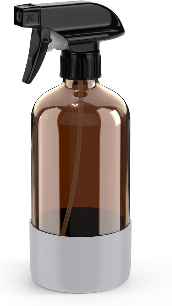 Bontip Amber Glass Spray Bottle with Silicone Sleeve Protection, 16 oz Refillable Spray Bottle for Cleaning Solutions, Plants, Aromatherapy, Facial Hydration (Grey Sleeve(Amber Bottle)