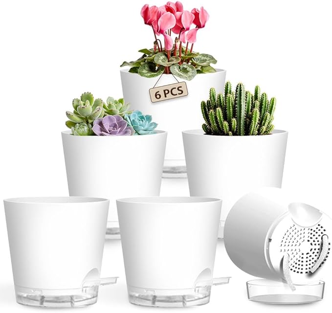 Self Watering Pots for Plants, 2026 New Flower Plant Pots with Drainage Holes, Wicking and Clear Reservoirs for Succulent, Aloe, Cacti and Others - 6 Pack (White, 6")