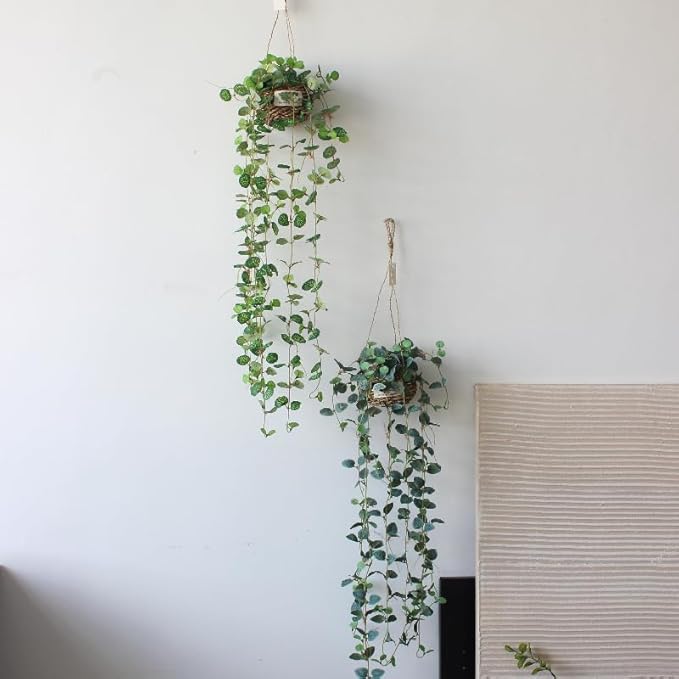 Artificial Plastic Plant Vine Small Hanging Basket Ornament for Indoor Walls, Shelves, Cabinets, Kitchens, Studies, Desks, Living Rooms 3.5-Inch Basket (2pcs Leaf b)