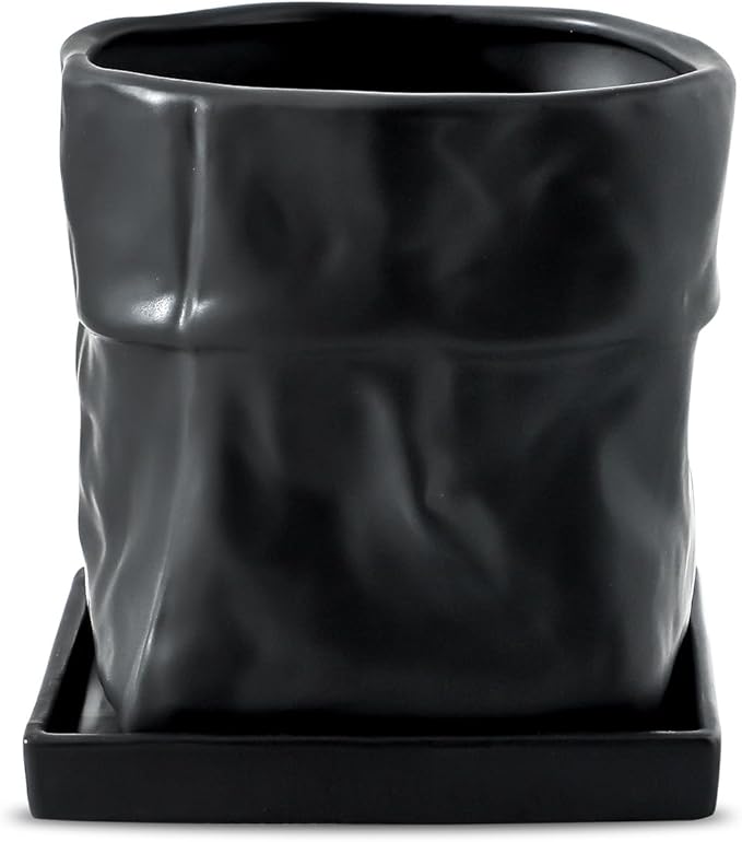 Nihow Ceramic Plant Pot: 6 Inch Planter with Drainage Hole & Square Saucer for Herbs/Plants, Bag Shape Design Flower Pot for Indoor & Outdoor Garden Decor - Black