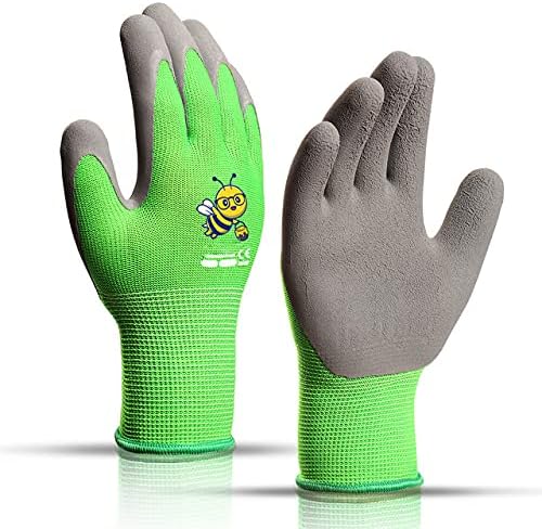KDK Ages 8-10 Kids Gardening Gloves,Yard Work Gloves for Toddlers, Youth, Girls, Boys, Childrens, Soft Safety Rubber Gloves (XS Age 8-10, 1 Pair Green Bee)