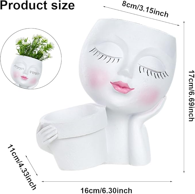 Lady Face Resin Planter Pot - Dual Planting Spaces & Drainage Holes, Indoor/Outdoor Decor for Succulents/Cactus - Unique Gift for Plant Lovers (White)