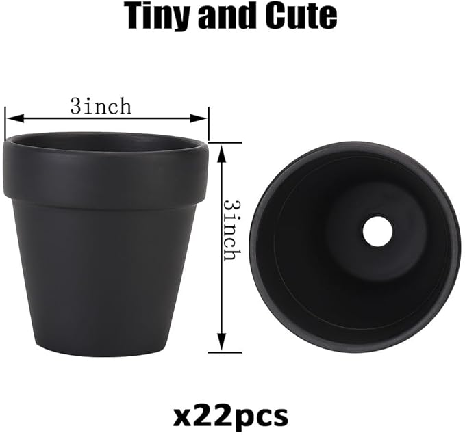 Sderoq 3 Inch Terracotta Pots - 22Pack Clay Flower Pots with Drainage Hole, Succulent Nursery Pot/Cactus Plant Pot. Great for Plants, Crafts, Wedding Favorn, DIY Production (Black)