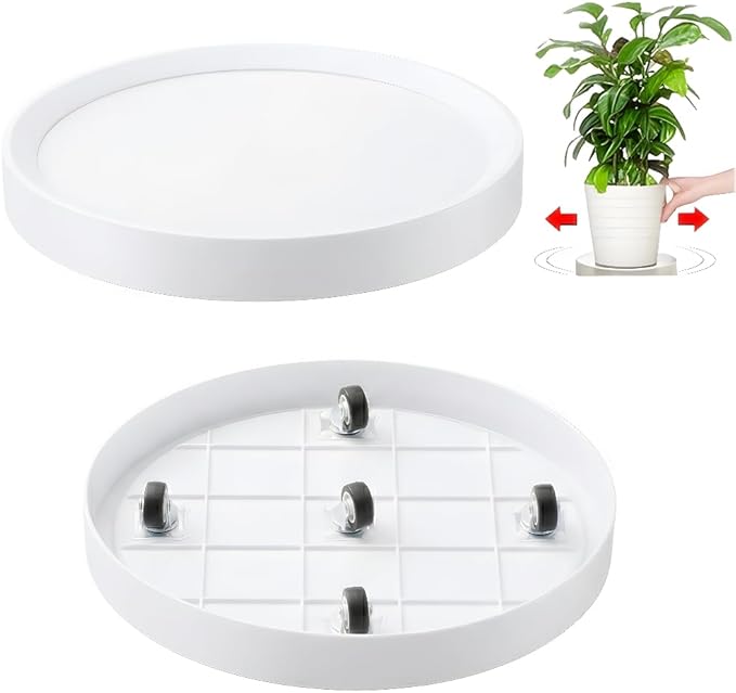 2Pack Plant Caddy with Hidden Wheels, 14.8 Inch Round Plant Stand, White Mobile Tray for Large Flower Pots, Air Purifiers & Indoor Outdoor Use