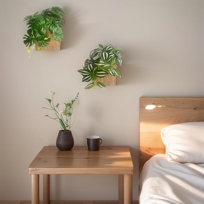 Wood Wall Planter Vase with Artificial Plants Wall Decor, Small Wall Hanging Greenery Fake Plant Decor Indoor for Living Room Bedroom Bathroom Kitchen Office(Natural)