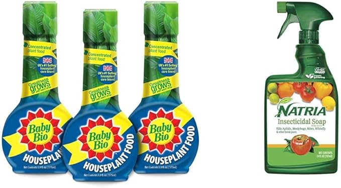 Baby Bio Houseplant Food, Concentrate, 5.9 Oz (3-Pack) with NATRIA Insecticidal Soap Insect Killer and Miticide for Organic Gardening, 24 oz, Ready-to-Use