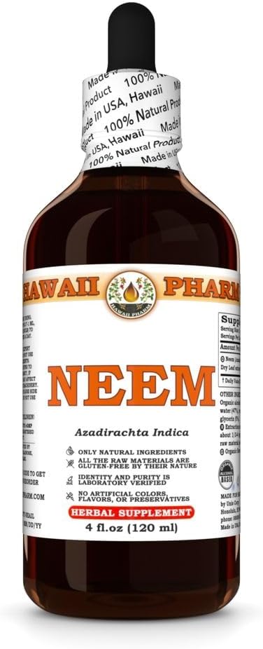 Hawaii Pharm Neem (Azadirachta Indica) Liquid Extract, Tincture, Herbal Supplement, Made in USA, 4x4 fl.oz