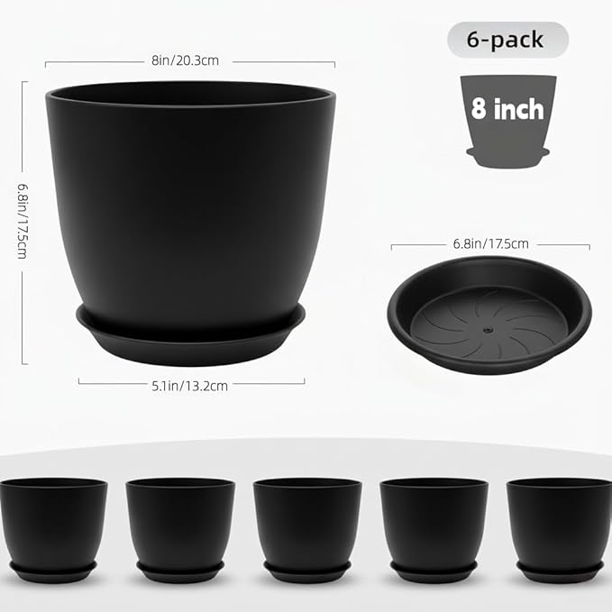 Vanslogreen Plant Pots 8 Inch Set of 6, Flower Pots with Drainage Holes and Saucer, Plastic Garden Planters for Indoor & Outdoor Plants (Black)