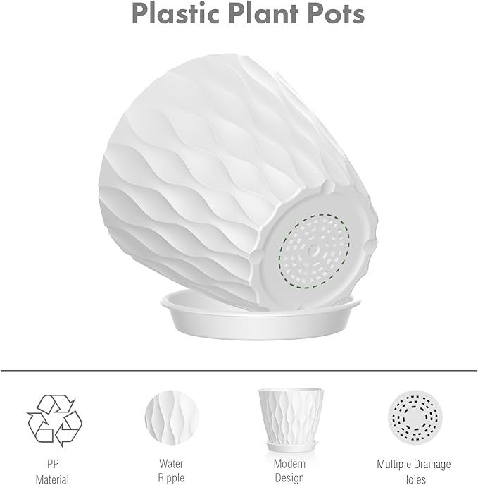 Meowell 4 inch Small Plastic Nursery Pots, 5 Pack Water Ripples Plant Pots for Indoor Plants, Flower Pots with Drainage Holes and Saucers, Seedling Starter Planters for Succulent Plants, White