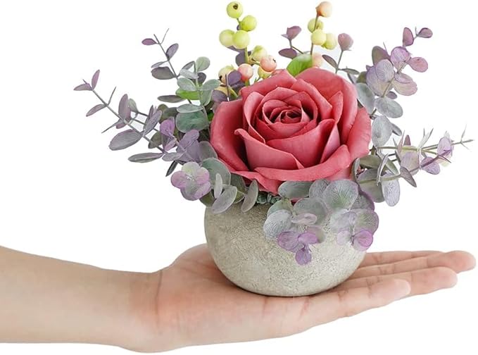 Small Artificial 2pcs Pink Rose Potted Plant, 6" Fake Silk Flowers in 3.5" Round Pot, Mini Faux Floral Arrangement for Desk Shelf Bathroom Decor