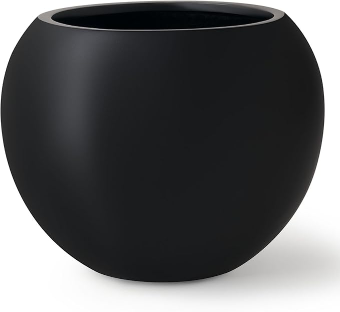 KUTE NEST 9.7" H x 12" D Premium Globo Fiberstone Round Planter with Drainage Hole, Smooth Finishes, Weather Resistant for Indoor and Outdoor Use, Included 2 Extra Coco Mats (Black, 7.8" Pot Opening)