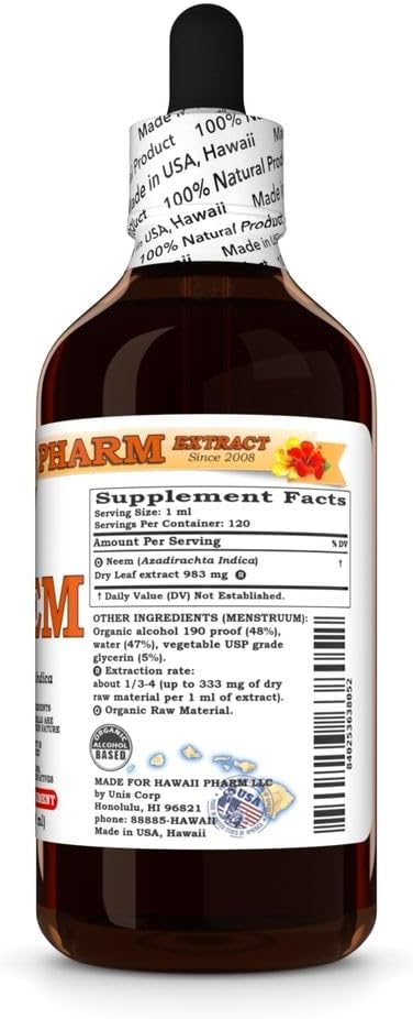 Hawaii Pharm Neem (Azadirachta Indica) Liquid Extract, Tincture, Herbal Supplement, Made in USA, 4x4 fl.oz