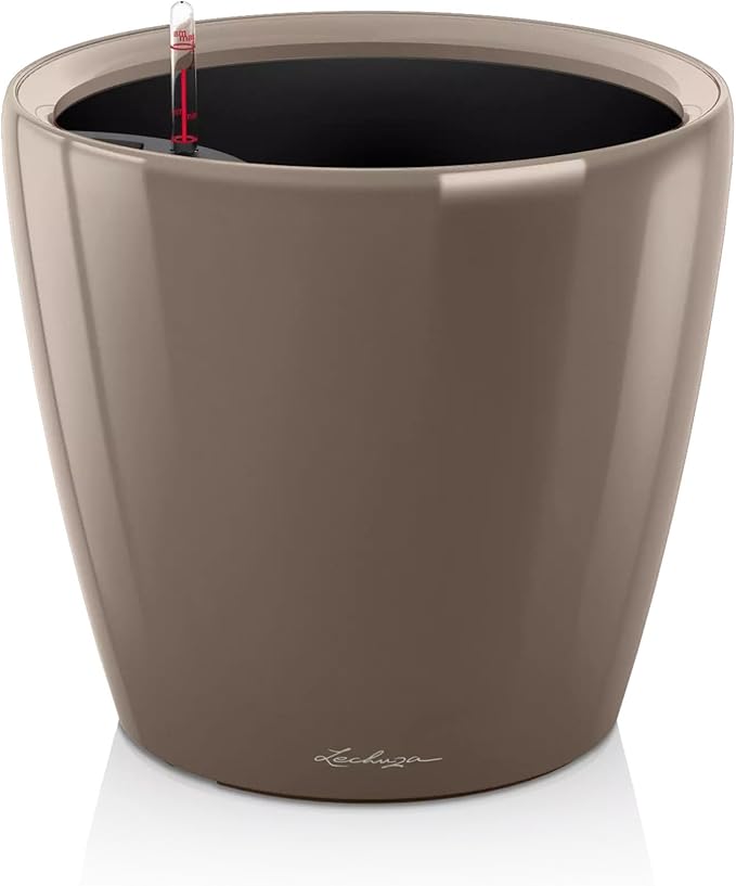 Lechuza Classico LS 21 Shiny Taupe High Gloss, Self-Watering Round Planter, D8.3 H7.9 in