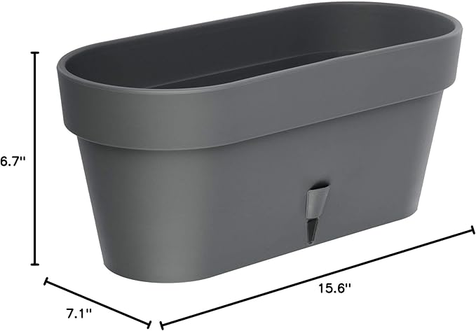DECOPOTS - Pack of 3 - Self Watering Window Box Planter - Indoor/Outdoor - Windowsill/Oblong Shape Plastic Planter with Bottom Watering and Water Level Indicator (15.6 Inch Long, Graphite)