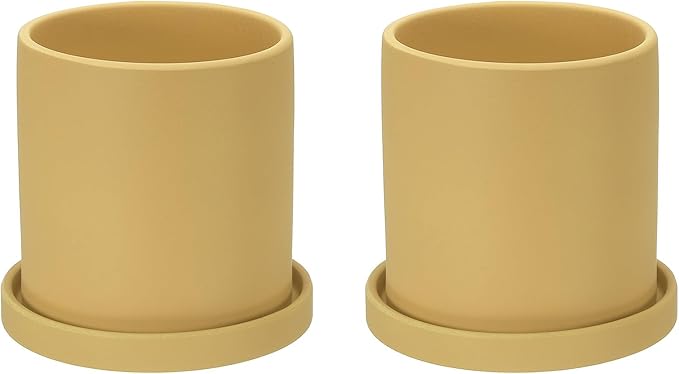 PATIKIL 4.3 Inch Ceramic Plant Pots, 2 Pack Modern Flower Planters with Drainage Holes and Tray for Decorate Home Indoor Plants Succulent Herb, Yellow