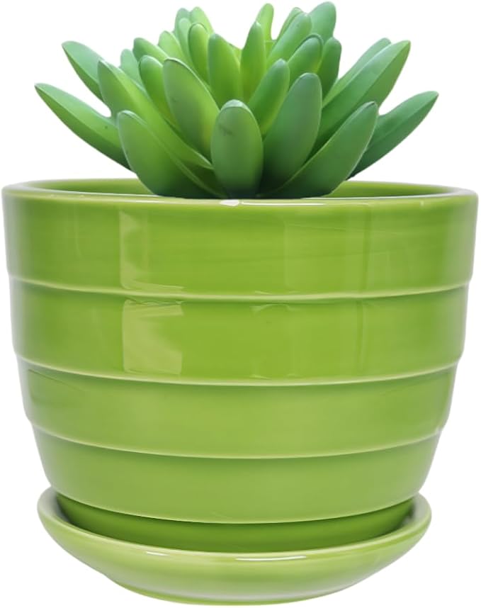 Cute Circular Ceramic Home Garden Decoration Succulent Cactus Flower Pots Container -Plant Not Included (Green, 4.13 Inch)