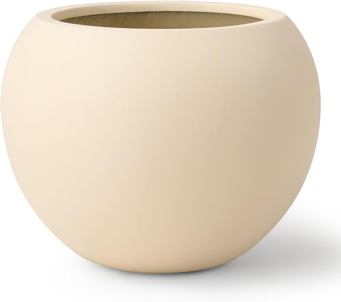KUTE NEST 9.7" H x 12" D Premium Globo Fiberstone Round Planter with Drainage Hole, Weather Resistant for Indoor and Outdoor Use, Included 2 Extra Coco Mats (Kilim Beige, 7.8" Pot Opening)