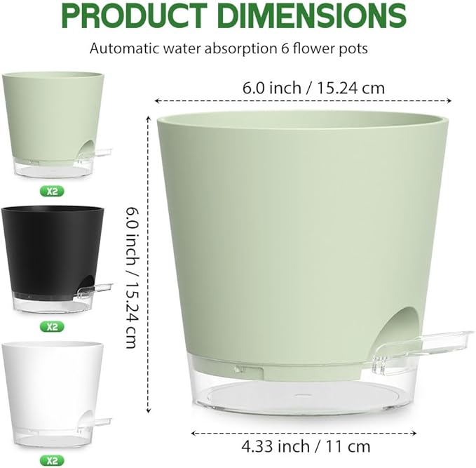 Self Watering Pots for Plants, 2026 New Flower Plant Pots with Drainage Holes, Wicking and Clear Reservoirs for Succulent, Aloe, Cacti and Others - 6 Pack (Colorful, 6")