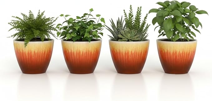 Plant Pots Pack of 4, 8 inch Plastic Flower Pots, Modern Glossy Finishing Planter for Indoor Outdoor Plants (Orange Glaze, 4 Pack)