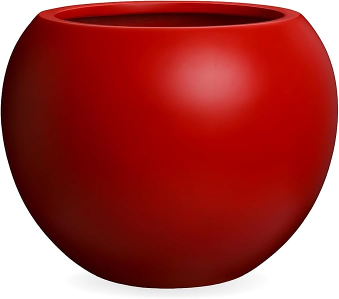 KUTE NEST 12.8"H x 16"D Premium Red Fiberstone Round Planter with Drainage Hole, Chinese & Lunar New Year Home Decor Pot, Smooth Finish, Weather Resistant Indoor & Outdoor, 2 Coco Mats (10.7" Opening)