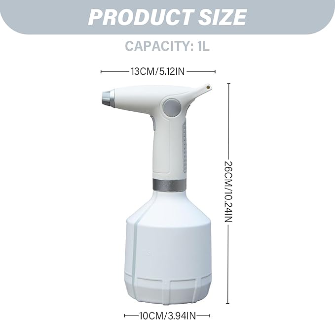 Electric Sprayer, 1000ml Electric Spray Bottle with Adjustable Nozzle, Waterproof Water Sprayer, Rechargeable Plant Mister for Garden Indoor Outdoor, White, Decoración del hogar