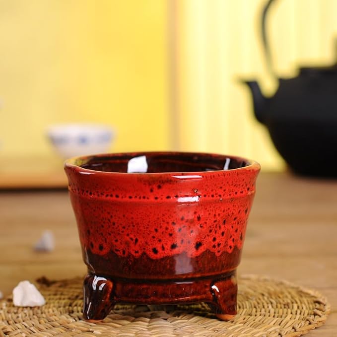 Cute Circular Ceramic Home Garden Decoration Succulent Cactus Flower Pots Container -Plant Not Included (Red, 3.86 Inch)