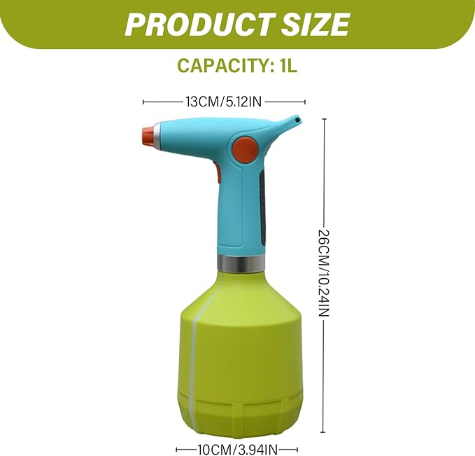 Electric Sprayer, 1000ml Electric Spray Bottle with Adjustable Nozzle, Waterproof Water Sprayer, Rechargeable Plant Mister for Garden Indoor Outdoor, Green