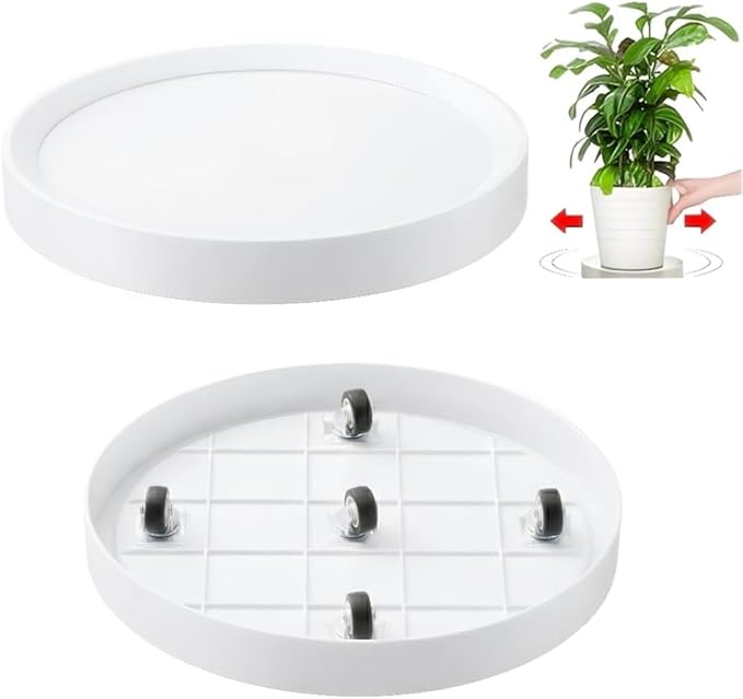 13.6 Inch Plant Caddy with Hidden Wheels, 2-Pack White Rolling Tray for Large Pots, Air Purifiers & Home Decor, Indoor Outdoor Use