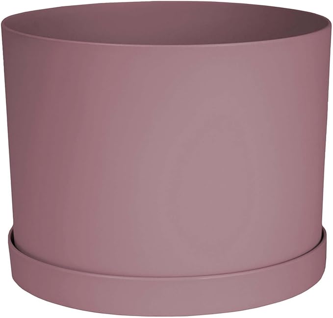 Bloem Mathers 8" Dusty Rose Round Modern Resin Garden Planter Pot with Drainage Holes and Removable Saucer Tray Included
