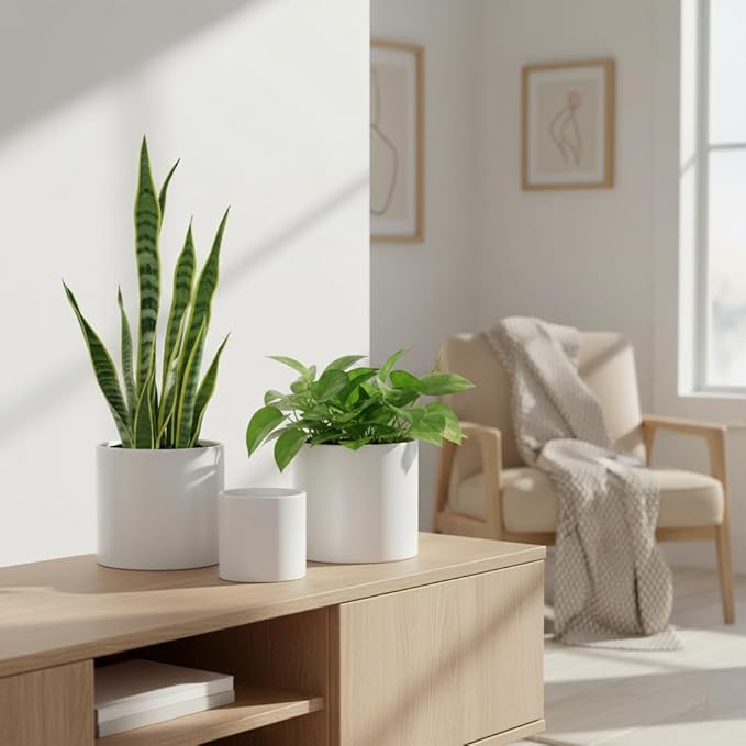 Nihow Flower Pot - 5 & 7 Inch Ceramic Planter Pots for Indoor Plants - Sturdy & Mordern Cylinder Plant Pot with Drainage & Removeable Rubber Plugs - Matte White (Set of 2) - Plants Not Included